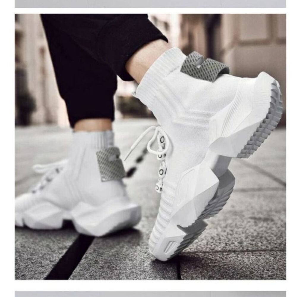 MLO T200 Mens White Sneaker Tennis Shoes Sock Chunky Style